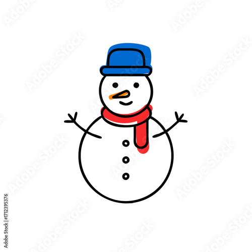 Simple vector snowman with blue hat and red scarf, outlined winter illustration with buttons and carrot nose. Holiday icon for postcard, sticker, web design.