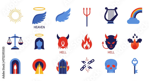 Heaven and Hell religious symbols icon set collection.