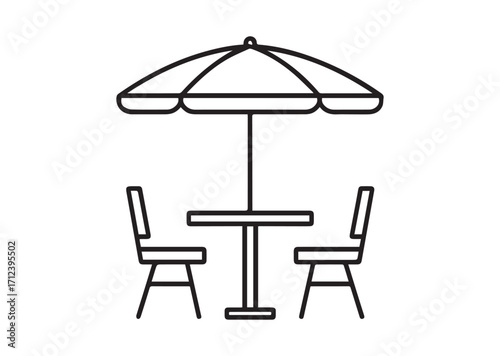 Umbrella and table with chairs Line art Vector