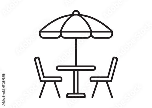 Umbrella and table with chairs Line art Vector