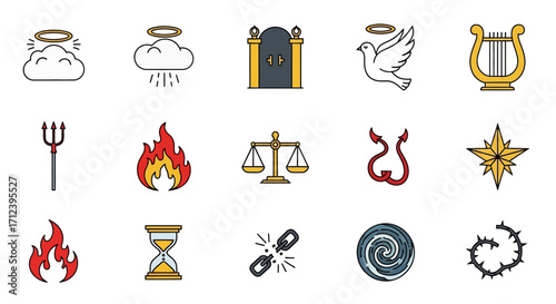Heaven and Hell Religious Symbols Icon Set Collection.