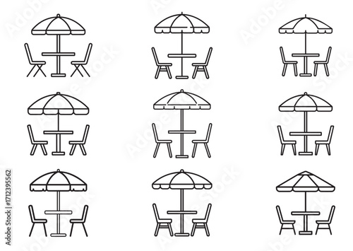 Umbrella and table with chairs Line art Vector