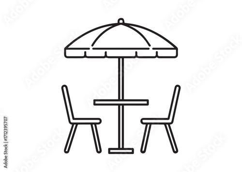 Umbrella and table with chairs Line art Vector