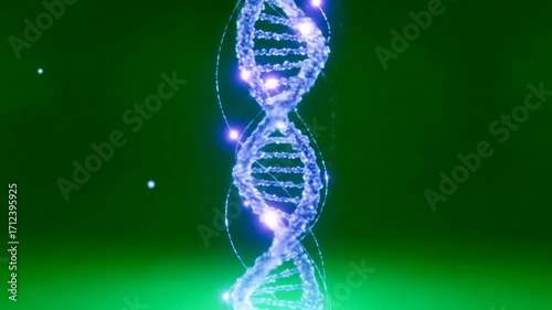 A stylized, glowing representation of a DNA double helix against a solid green background.