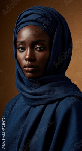 Portrait of a beautiful young black woman wearing a traditional blue hijab headscarf