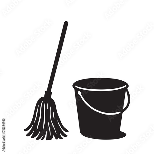 Black silhouette of a mop and bucket cleaning supplies isolated on white background