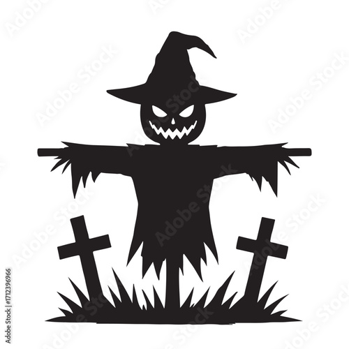 Spooky halloween scarecrow silhouette with grinning jack o lantern face and cross gravestones isolated on white background
