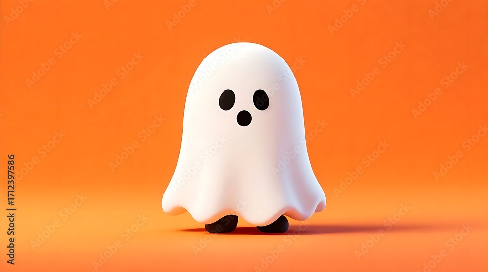 Fototapeta premium Cute White Ghost Character Standing on a Bright Orange Background
