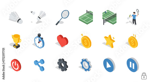 Isometric Badminton Game Icons Set.