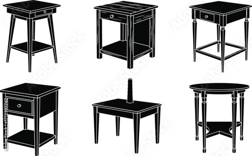 Collection of black silhouette wooden bedside tables, modern nightstands, vintage end tables, minimalist furniture, interior decor, home design, storage, drawer