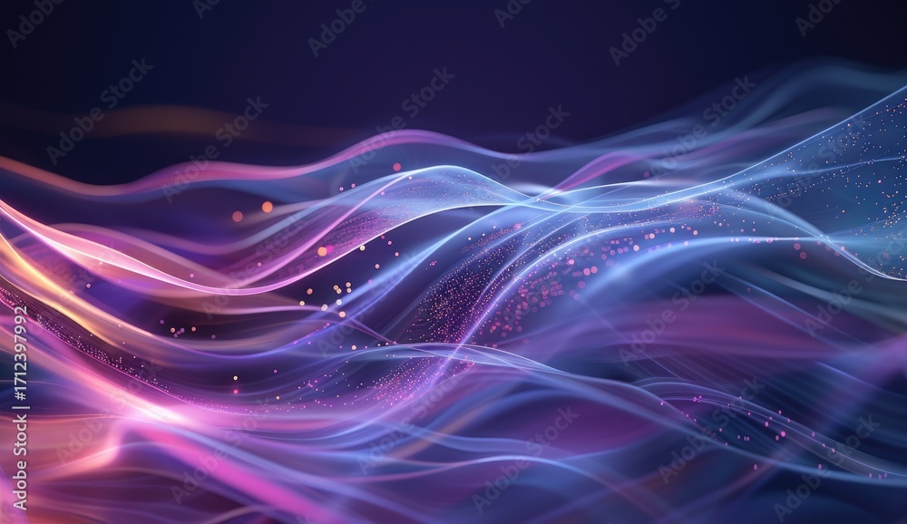 Naklejka premium Abstract artwork featuring flowing, luminous waves in shades of pink, blue, and purple, interspersed with shimmering particles