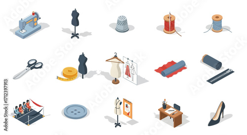 Isometric collection of sewing tailoring and fashion design icons.
