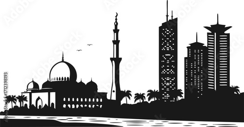 A high resolution black and white city skyline silhouette for design projects and graphic illustrations