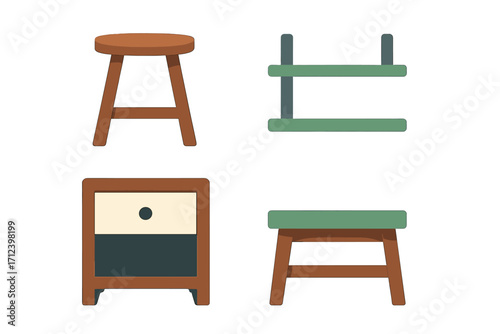 Modern wooden furniture design featuring stools, shelves, and nightstand in minimalist style