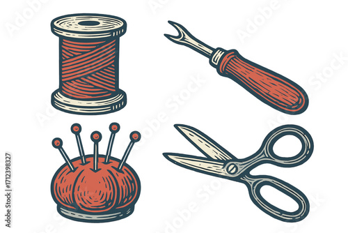 Crafting tools for sewing displayed on a clean background at a cozy workspace