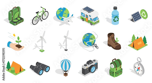 Isometric Icons Representing Eco-Friendly Travel and Sustainable Tourism.