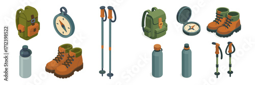 Hiking gear essentials include backpacks, water bottles, compasses, and trekking poles for outdoor adventures