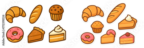 Colorful assortment of baked goods including croissants, muffins, and cakes on a white background