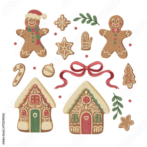 Christmas gingerbread gingerman isolated cookies houses bow mitten snowflake star candy festive set