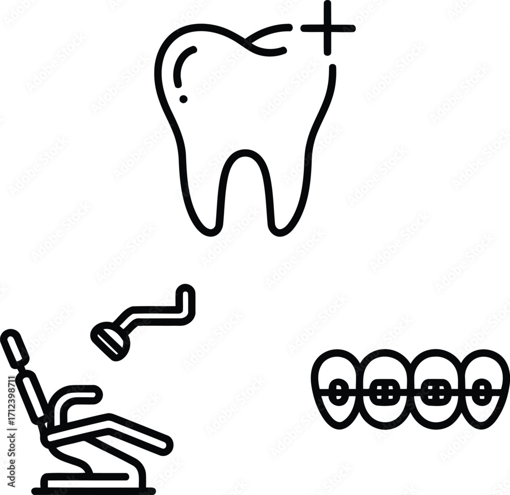 Obraz premium Illustration of Dental Care Symbols Featuring a Tooth Plus, Chair, Tools, and Teeth With Braces Depicting Dentistry