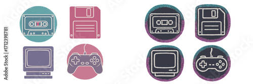 Vintage gaming icons representing classic technology and nostalgia in a colorful layout