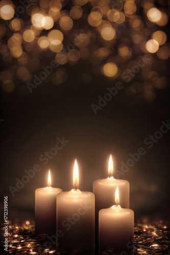 Burning memorial candles glowing in darkness with warm golden bokeh lights
