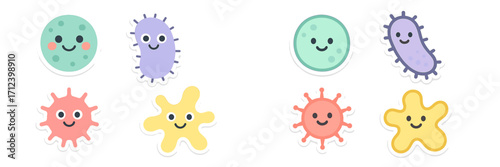 Colorful cartoon germs and bacteria characters with smiling faces on a white background