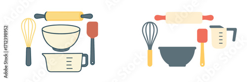 Cooking tools and utensils arranged for baking preparation in a kitchen setting