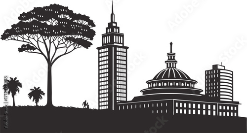 High resolution black and white city skyline silhouette illustration for graphic design projects