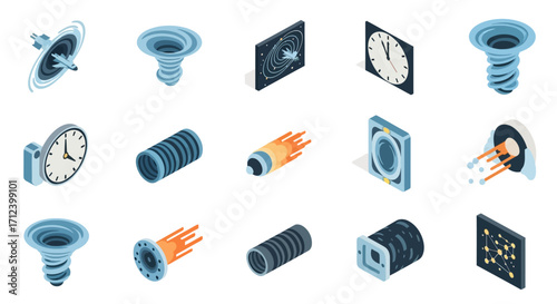 Isometric view of various technological devices and components in a row.