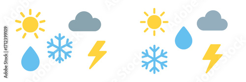 Weather symbols illustrating sunshine, rain, snow, and thunderstorms in a clean, colorful design format for educational purposes