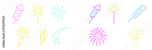 Colorful fireworks and celebration elements in playful designs for festive events