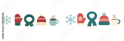Colorful winter decorations with mittens, hats, and warm drinks for celebrating the cozy season