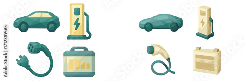 Electric vehicles and charging stations depicted in a playful geometric style with vibrant colors and simple shapes