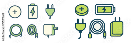 Charging equipment and battery icons represented in a modern, minimalistic style for technology enthusiasts and developers