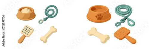 Colorful pet supplies set including toys, bowls, and leashes for dogs and cats displayed on a white background