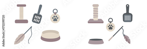 Collection of pet supplies including scratching posts and feeding tools displayed on a clean white background