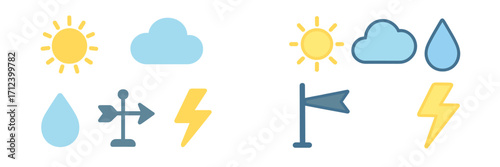 Weather symbols representing sunny, cloudy, rainy, and stormy conditions in a clear design layout