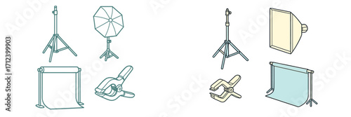 Equipment setup for a photography studio with lighting and backdrop systems