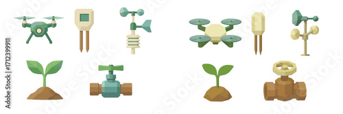 Tools for modern agriculture showcasing drones, sensors, and water control systems in a geometric style