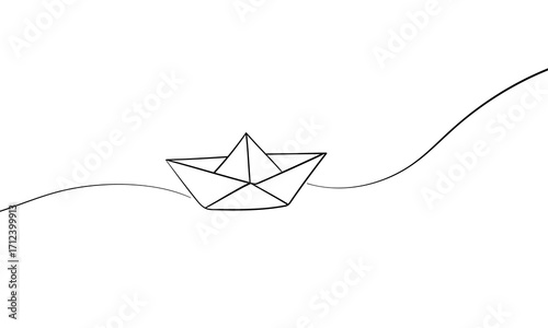 Paper boat, one continuous line drawing. Origami ship concept for success leadership of business in simple lineart style. Editable stroke design for web banner and card. Vector illustration