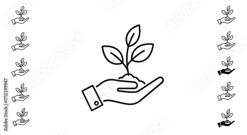 Line art icon of a human hand holding a growing plant.
