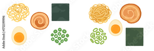 Different ingredients for ramen preparation showcasing noodles, egg, seaweed, and toppings at a Japanese kitchen