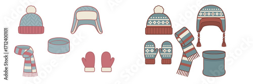 Collection of cozy winter accessories including hats, scarves, gloves, and mittens in various colors and designs for cold weather