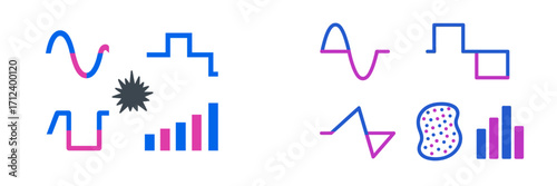 Visual representation of data trends and patterns using colorful graphs and abstract shapes during a design session