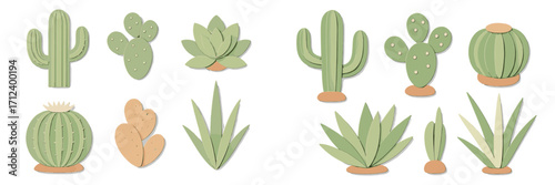 Colorful paper cacti and succulents arranged on a clean white background for decoration and design inspiration