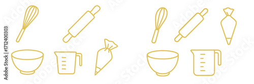 Baking tools arranged on a white background for use in home cooking and pastry preparation