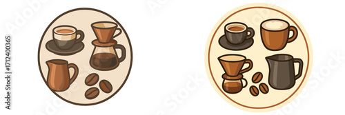 Coffee brewing setup with cups, coffee pots, and beans in cozy cafe setting