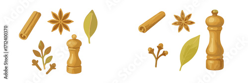Wooden spice grinder with various spices and herbs displayed on a white background