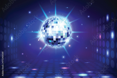 Disco ball rays. Disco Dance floor room with mirror ball reflections on shining background. Night club stage lights and glowing reflecting